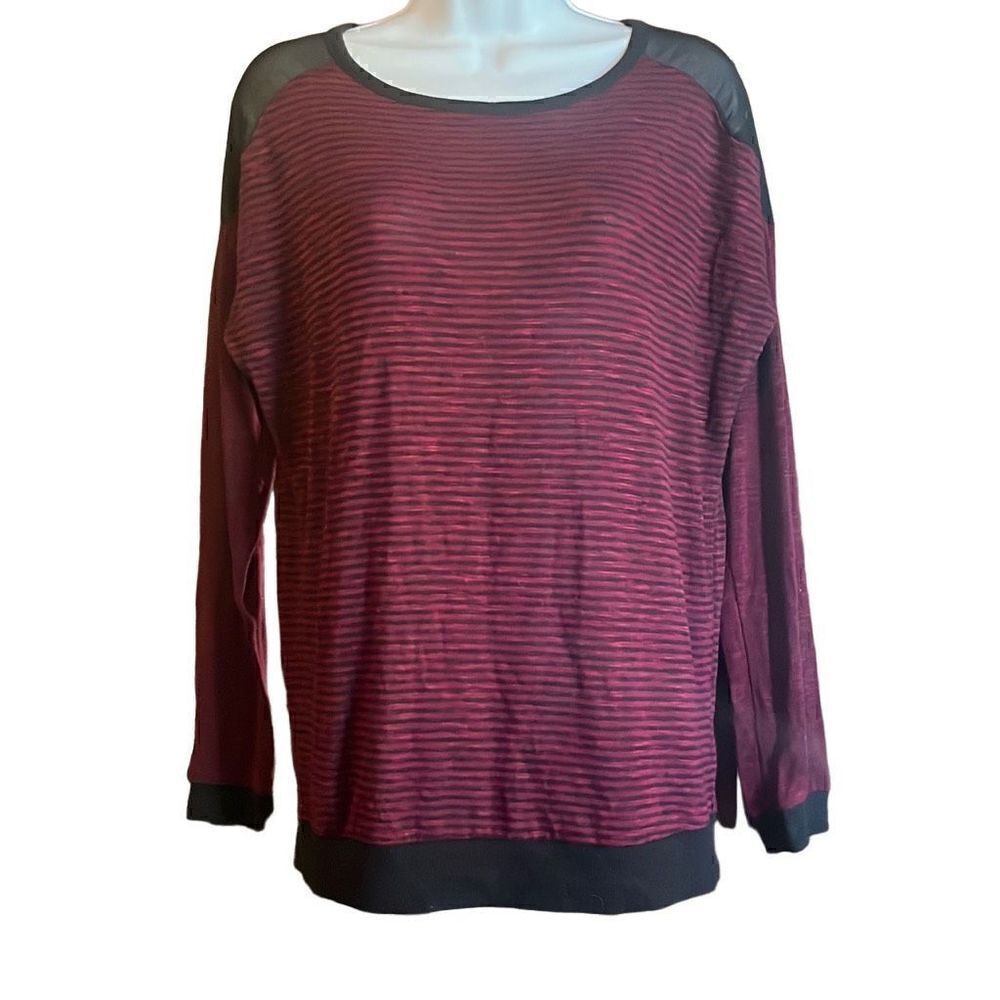 Tresics Womens Medium Maroon Black Striped Lightweight Sheer Detail Sweater Top